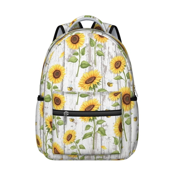 Sunflower and Bee White Pattern Backpack for School, Cute School Bag with Adjustable Shoulder Straps and Padded Back, 15.3"x11"x7.1"