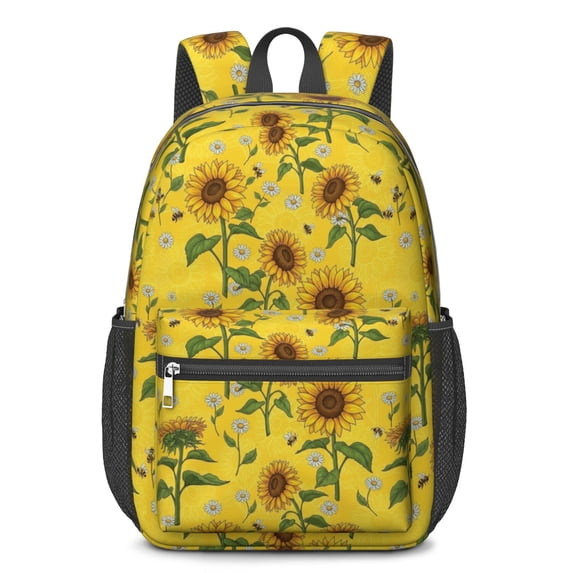 Sunflower and Bee Yellow Pattern 17" Waterproof Oxford School Backpacks for Teens, S-Shape Padded Straps, for School, Travel, Hiking, Camping