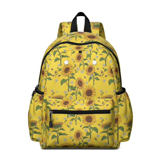 Sunflower and Bee Yellow Pattern Cute School Backpack with Padded Back and Adjustable Shoulder Straps 13.4"x11"x4.7"