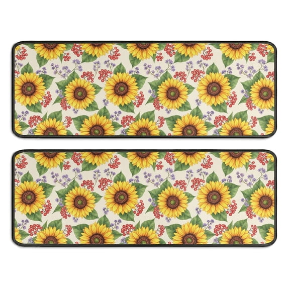 Sunflower and Berry Cream Pattern Anti Fatigue Kitchen Rugs Set Of 2, Non Slip Washable Decorative Floor Mats for Sink Laundry and Home Use, 17"x47"