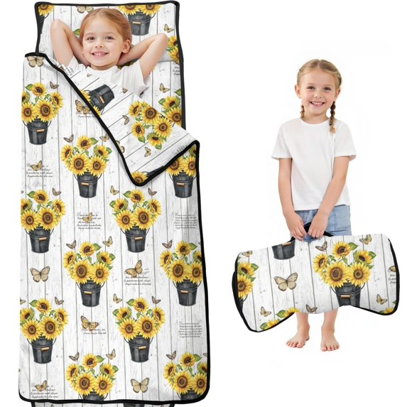 Sunflower and Bucket White Pattern Teens Toddler Nap Mat with Pillow, Sleeping Mat Bag for Preschool Daycare 59"x22"