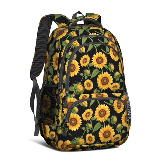 Sunflower and Bud Black Pattern Cute School Backpack Bag with Padded Back and Adjustable Shoulder Straps 16.9 X 12.6 X 5.9 Inches