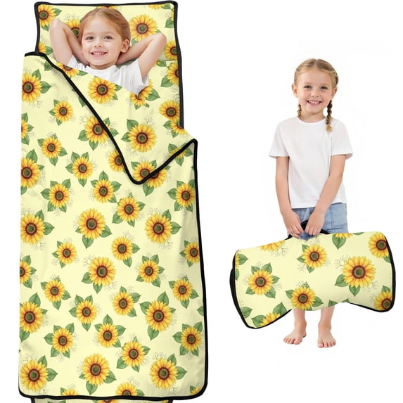 Sunflower and Bud Yellow Pattern Teens Toddler Nap Mat with Pillow, Sleeping Mat Bag for Preschool Daycare 59"x22"
