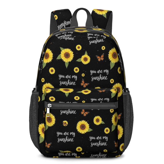 Sunflower and Butterfly Black Pattern 17" Waterproof Oxford School Backpacks for Teens, S-Shape Padded Straps, for School, Travel, Hiking, Camping