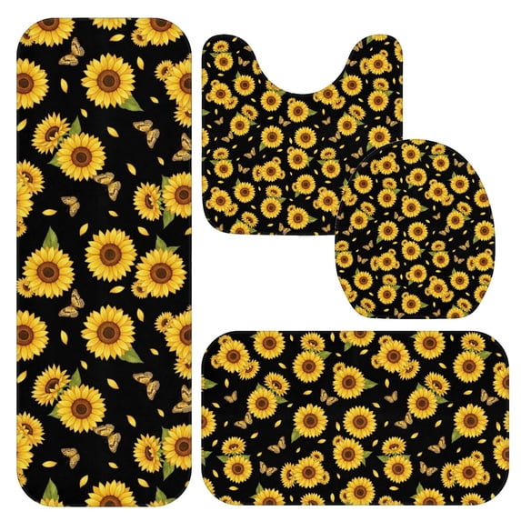 Sunflower and Butterfly Black Pattern Bathroom Rug Set 4 Piece,Includes Contour,Lid Cover,Bath Mat,Non-Slip Extra Soft Absorbent Washable