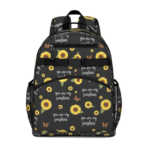 Sunflower and Butterfly Black Pattern Cute School Backpack Bag for School with Padded Back and Adjustable Shoulder Straps 15.25"x11.5"x5.25"