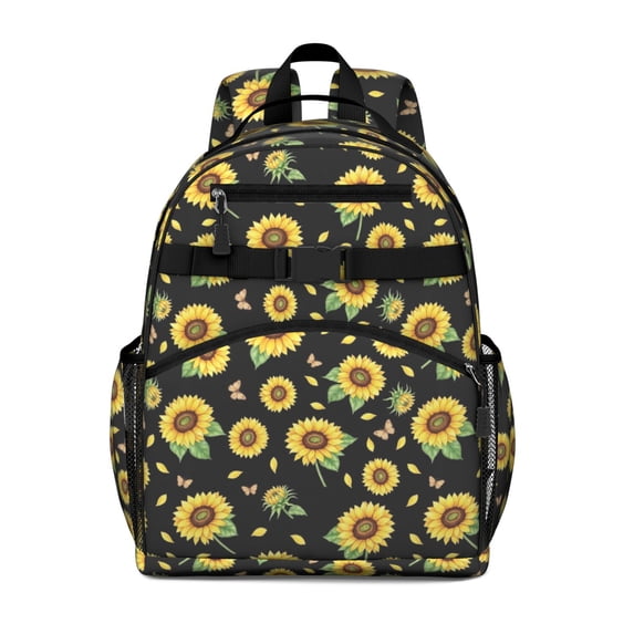 Sunflower and Butterfly Black Pattern Cute School Backpack Bag for School with Padded Back and Adjustable Shoulder Straps 15.25"x11.5"x5.25"