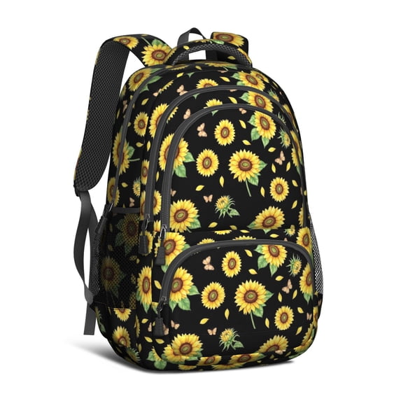 Sunflower and Butterfly Black Pattern Cute School Backpack Bag with Padded Back and Adjustable Shoulder Straps 16.9 X 12.6 X 5.9 Inches
