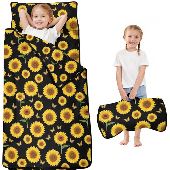 Sunflower and Butterfly Black Pattern Teens Toddler Nap Mat with Pillow, Sleeping Mat Bag for Preschool Daycare 50"x20"