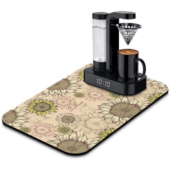 Sunflower and Butterfly Coffee Station Mat - 4-Layer Absorbent Drying Mat for Coffee Bar, Non-Slip Boho Floral Pattern