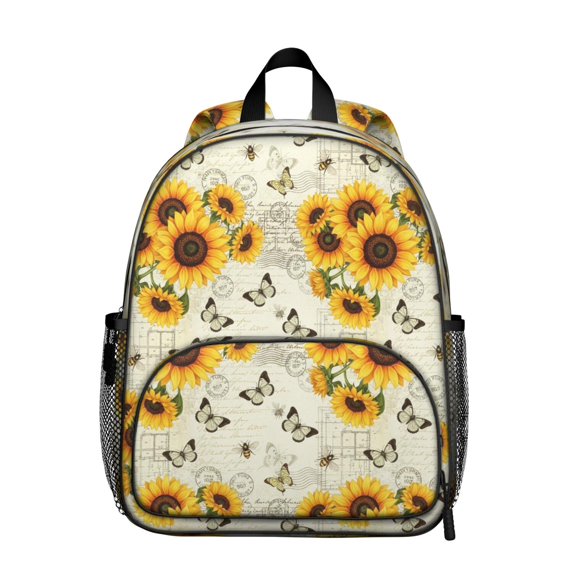 Sunflower and Butterfly Cream Pattern Backpack for School, Cute School Bag with Adjustable Shoulder Straps and Padded Back, 13.8"x11.4"x6"