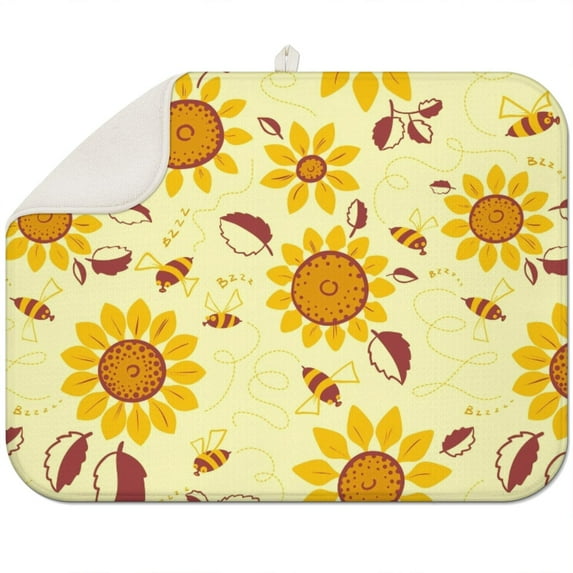 Sunflower and Butterfly Design Coffee Mat, Microfiber Spill Pad – Durable, Lightweight Dish Drying Mat with Foldable Design for Kitchen Counters