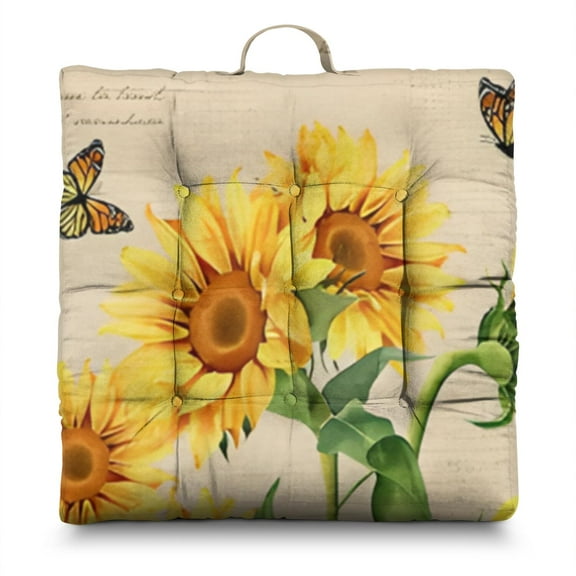 Sunflower and Butterfly Floor Pillow – Large 22 Inch Square Cushion, Whimsical Garden Theme, Lightweight for Yoga & Fireplace