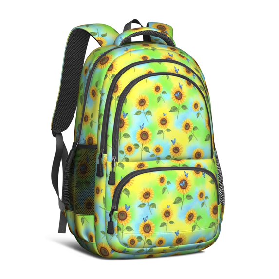 Sunflower and Butterfly Green Pattern Cute School Backpack Bag with Padded Back and Adjustable Shoulder Straps 16.9 X 12.6 X 5.9 Inches