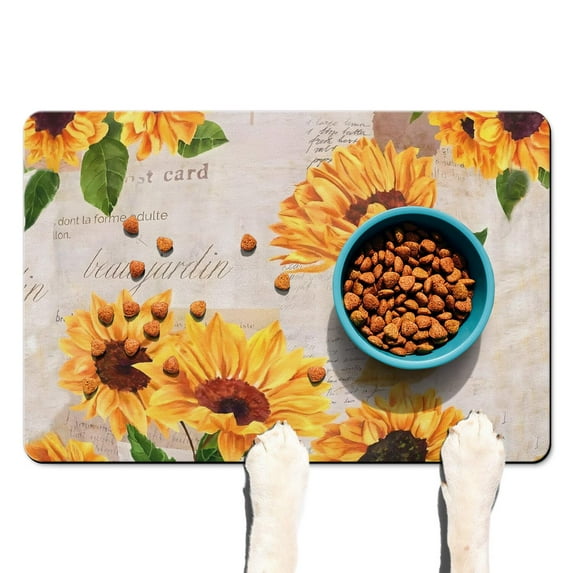 Sunflower and Butterfly Pet Placemat - Non-Slip Washable Dog Food Spill Mat with Vintage Artistic Theme
