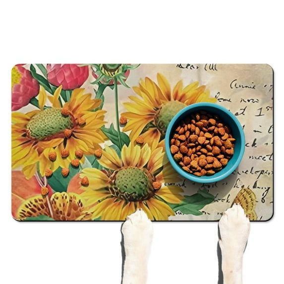 Sunflower and Butterfly Pet Placemat - Non-Slip Waterproof Dog Food Spill Mat with Vintage Artistic Theme