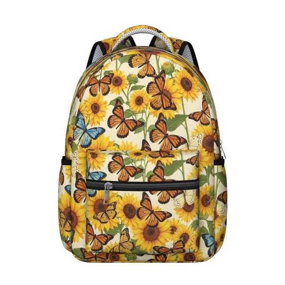 Sunflower and Butterfly Yellow Pattern Backpack for School, Cute School Bag with Adjustable Shoulder Straps and Padded Back, 15.3"x11"x7.1"