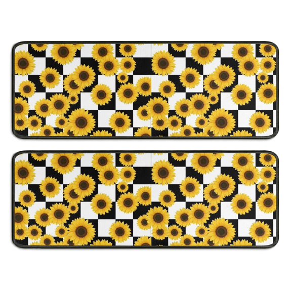 Sunflower and Checkerboard Black Anti Fatigue Kitchen Rugs Set Of 2, Non Slip Washable Decorative Floor Mats for Sink Laundry and Home Use, 17"x47"