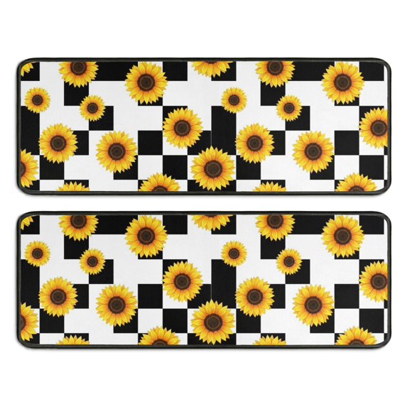 Sunflower and Checkerboard White Anti Fatigue Kitchen Rugs Set Of 2, Non Slip Washable Decorative Floor Mats for Sink Laundry and Home Use, 17"x47"