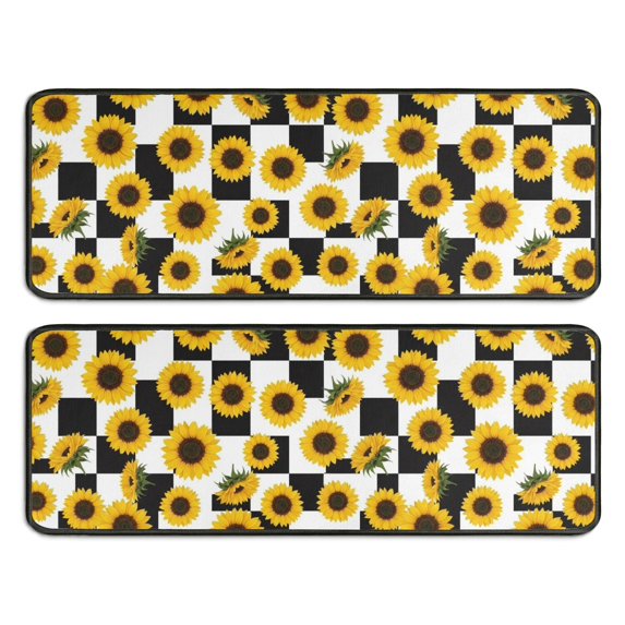 Sunflower and Checkerboard White Anti Fatigue Kitchen Rugs Set Of 2, Non Slip Washable Decorative Floor Mats for Sink Laundry and Home Use, 17"x47"