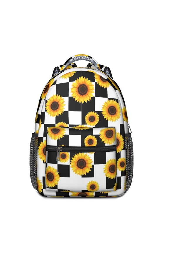 Sunflower and Checkerboard White Backpack for School, Cute School Bag with Adjustable Shoulder Straps and Padded Back, 15.3"x11"x6.7"