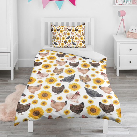 Sunflower and Chicken Rustic Farmhouse Duvet Cover and Pillowcase Set for Single Bedding, Bedroom Accessories for Kids Teens