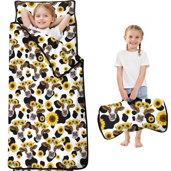 Sunflower and Cow White Pattern Teens Toddler Nap Mat with Pillow, Sleeping Mat Bag for Preschool Daycare 59"x22"