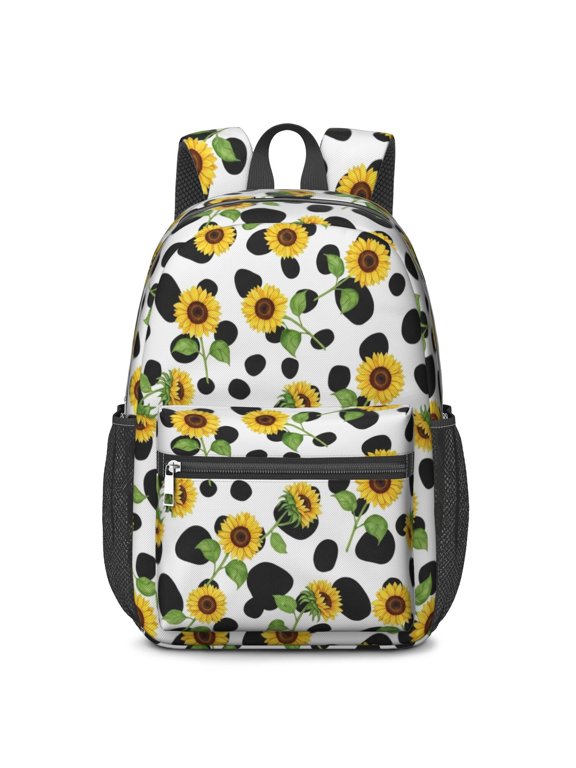Sunflower and Cowprint White Pattern 17" Waterproof Oxford School Backpacks for Teens, S-Shape Padded Straps, for School, Travel, Hiking, Camping