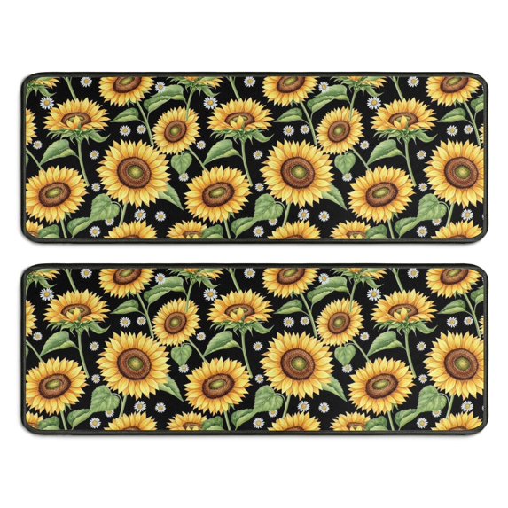 Sunflower and Daisy Black Pattern Anti Fatigue Kitchen Rugs Set Of 2, Non Slip Washable Decorative Floor Mats for Sink Laundry and Home Use, 17"x47"