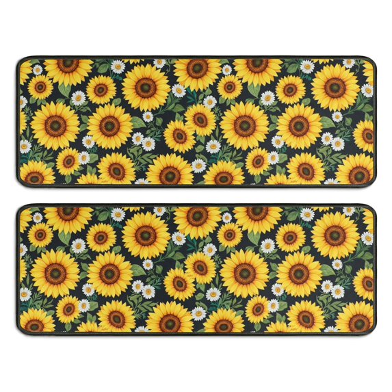 Sunflower and Daisy Black Pattern Anti Fatigue Kitchen Rugs Set Of 2, Non Slip Washable Decorative Floor Mats for Sink Laundry and Home Use, 17"x47"