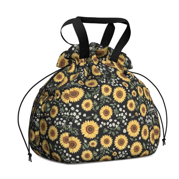 Sunflower and Daisy Black Pattern Drawstring Insulated Lunch Bag for Women, Stain-Resistant Large Lunch Tote with Multi-Pockets for Work Office