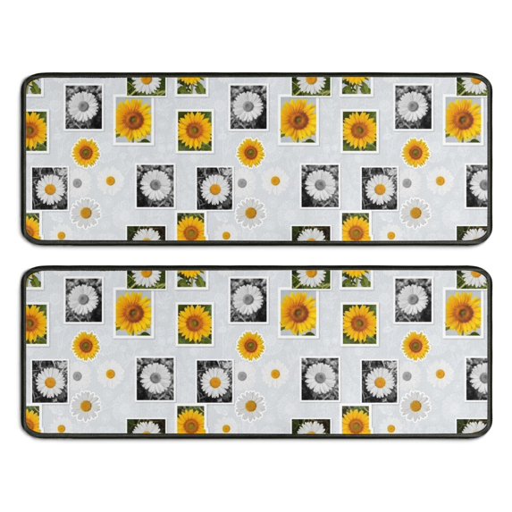 Sunflower and Daisy Blue Pattern Anti Fatigue Kitchen Rugs Set Of 2, Non Slip Washable Decorative Floor Mats for Sink Laundry and Home Use, 17"x47"