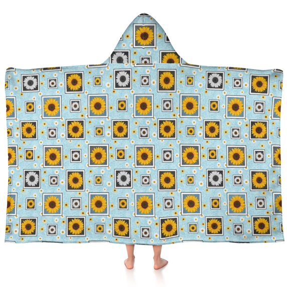 Sunflower and Daisy Blue Pattern Hooded Bath Towel Wrap for Teens Ages 3 To 12, Soft Lightweight Quick Dry Microfiber Bath Beach Pool, 60"x35"