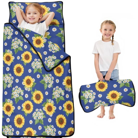 Sunflower and Daisy Blue Pattern Teens Toddler Nap Mat with Pillow, Sleeping Mat Bag for Preschool Daycare 51"x22"