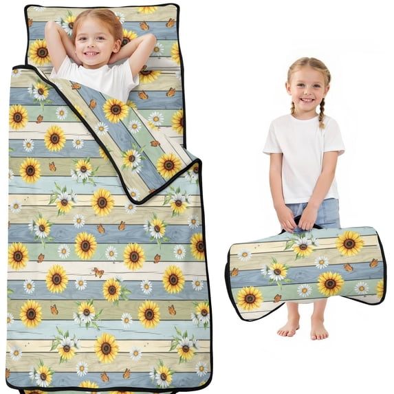 Sunflower and Daisy Blue Pattern Teens Toddler Nap Mat with Pillow, Sleeping Mat Bag for Preschool Daycare 51"x22"