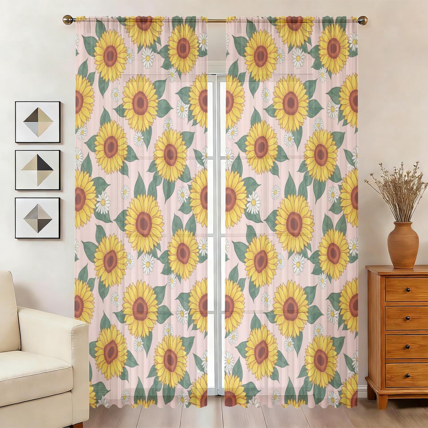 Sunflower and Daisy Pink Pattern Sheer Curtains, Sheer Window Panels ...