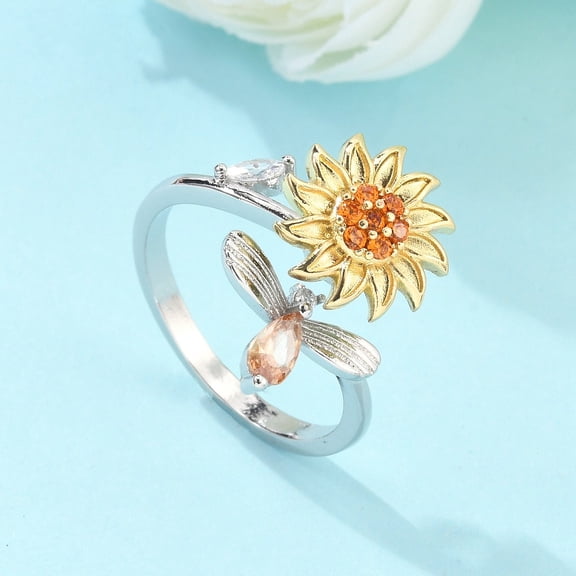 Sunflower and Dragonfly Rotatable Open Ring for Women Brass Cubic Zirconia Fidget Spinner Rings Adjustable Relieve Stress Cuff Ring