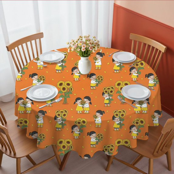 Sunflower and Figure Orange Pattern Round Tablecloth 70"x70", Wrinkle Resistant Wipeable Table Cover for Kitchen Dining Room Picnic Patio and Party