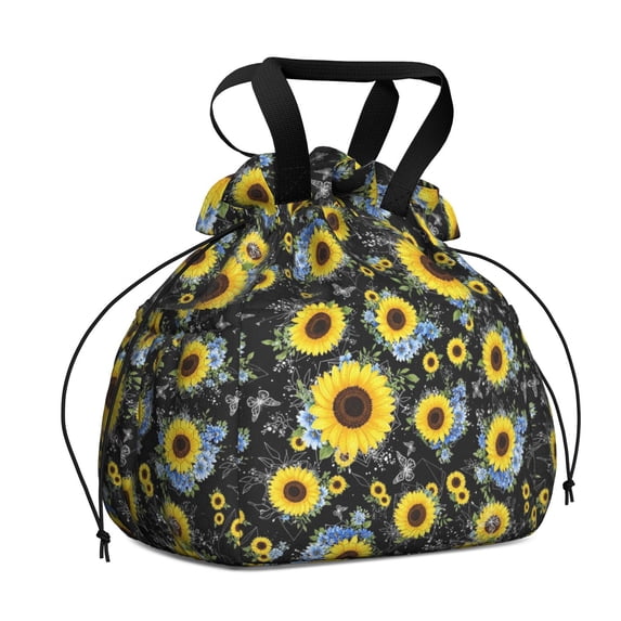 Sunflower and Flower Black Pattern Drawstring Insulated Lunch Bag for Women, Stain-Resistant Large Lunch Tote with Multi-Pockets for Work Office