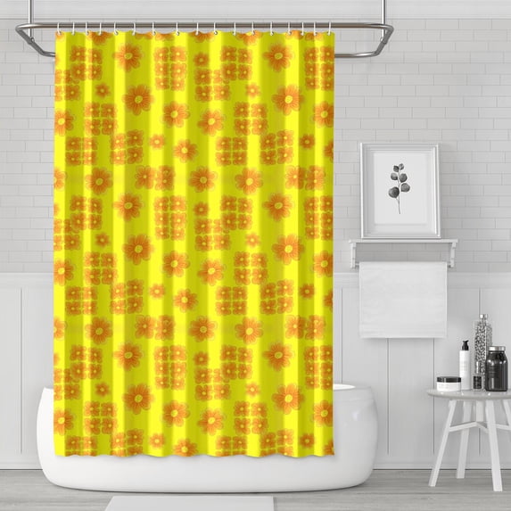 Sunflower and Flower Yellow Pattern Modern Waterproof Shower Curtain Set with 12 Hooks, Washable Decorative Bathroom Shower Curtain
