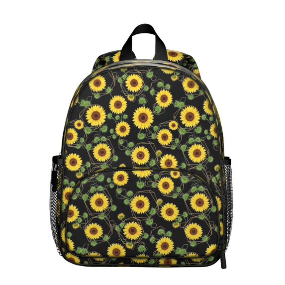Sunflower and Geometric Black Pattern Backpack for School, Cute School Bag with Adjustable Shoulder Straps and Padded Back, 13.8"x11.4"x6"