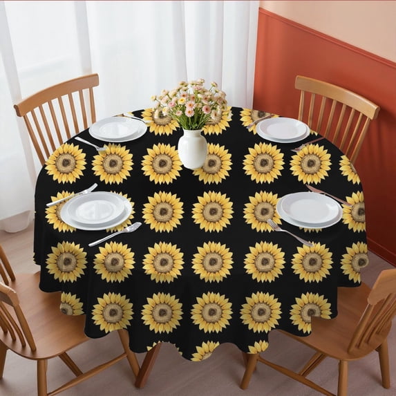 Sunflower and Grid Black Pattern Round Tablecloth 70"x70", Wrinkle Resistant Wipeable Table Cover for Kitchen Dining Room Picnic Patio and Party