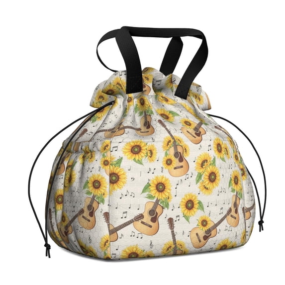 Sunflower and Guitar Cream Pattern Drawstring Insulated Lunch Bag for Women, Stain-Resistant Large Lunch Tote with Multi-Pockets for Work Office
