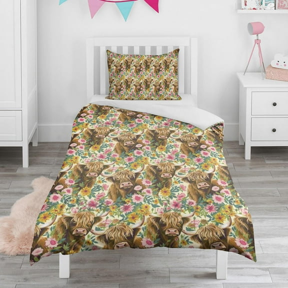 Sunflower and Highland Cow Duvet Cover and Pillowcase Set for Single Bedding, Bedroom Accessories for Kids Teens