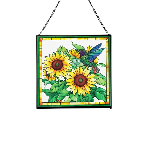 Sunflower and Hummingbirds Stained Glass Panels Window Hangings Tiffany Glass Traditional Art Crafts for Home Decor Gifts Square design, 8in 73OR2