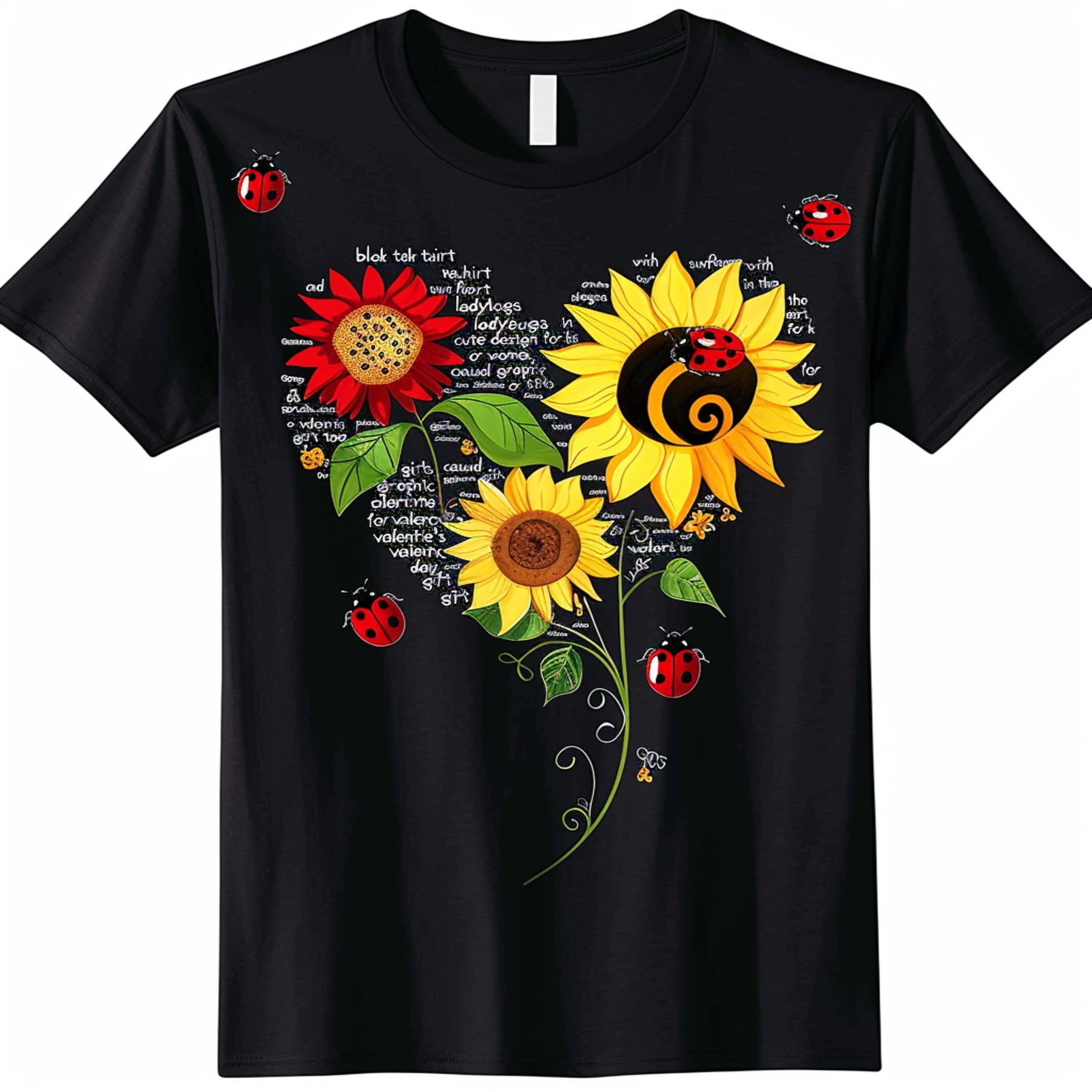 Sunflower and Ladybug Heart Design Black TShirt Cute Valentine's Day ...