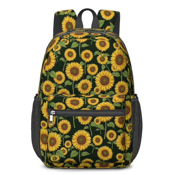 Sunflower and Leaf Black Pattern 17" Waterproof Oxford School Backpacks for Teens, S-Shape Padded Straps, for School, Travel, Hiking, Camping