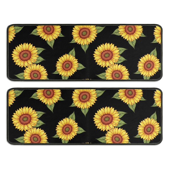 Sunflower and Leaf Black Pattern Anti Fatigue Kitchen Rugs Set Of 2, Non Slip Washable Decorative Floor Mats for Sink Laundry and Home Use, 17"x47"