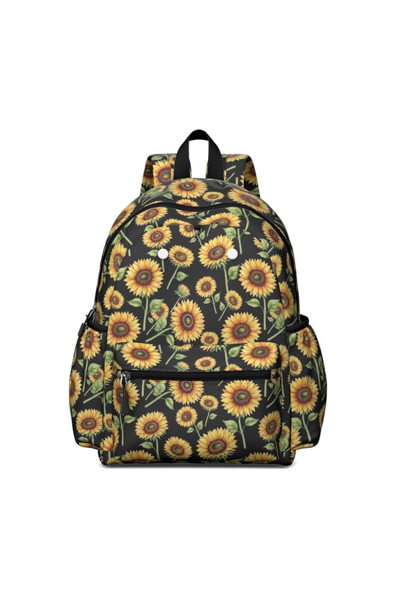 Sunflower and Leaf Black Pattern Backpack for School, Cute School Bag with Adjustable Shoulder Straps and Padded Back, 13.4"x11"x4.7"