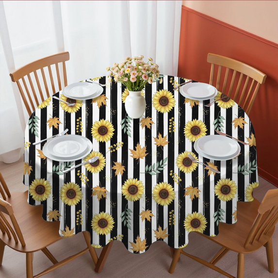 Sunflower and Leaf Black Pattern Round Tablecloth 70"x70", Wrinkle Resistant Wipeable Table Cover for Kitchen Dining Room Picnic Patio and Party